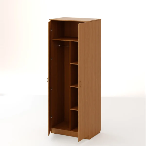 Распашной двухстворчатый шкаф с полками и штангой цвет бук темный Арвис