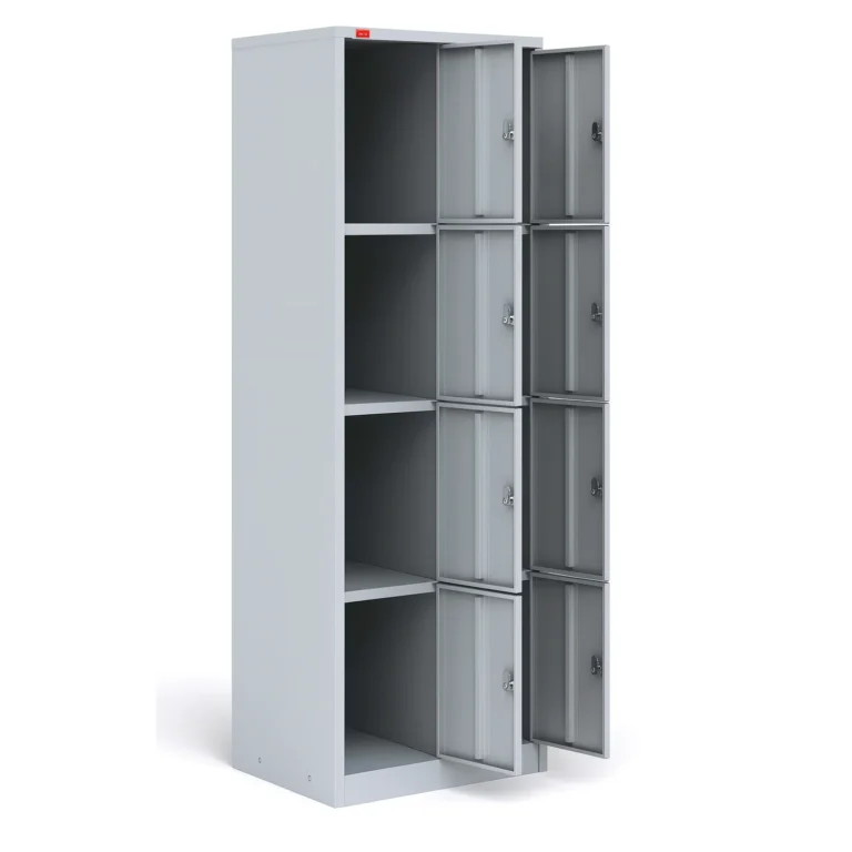 Двухсекционный металлический шкаф для сумок ШРМ-28 — открытый вид, 8 отделений с замками