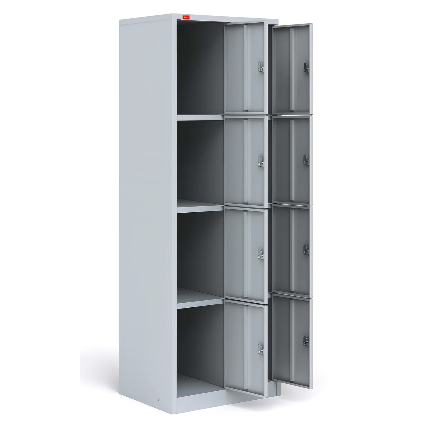 Металлический шкаф для сумок ШРМ-28 — открытый двухсекционный шкаф на 8 ячеек Двухсекционный металлический шкаф для сумок ШРМ-28 — открытый вид, 8 отделений с замками