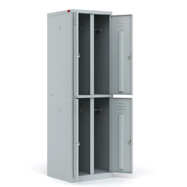 Металлический шкаф ШРМ-24 в открытом виде — четыре отделения с перекладинами и замками Арвис