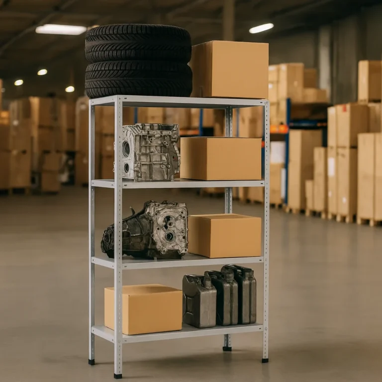 Металлический стеллаж до 750 кг с коробками, канистрами и автозапчастями в складском помещении