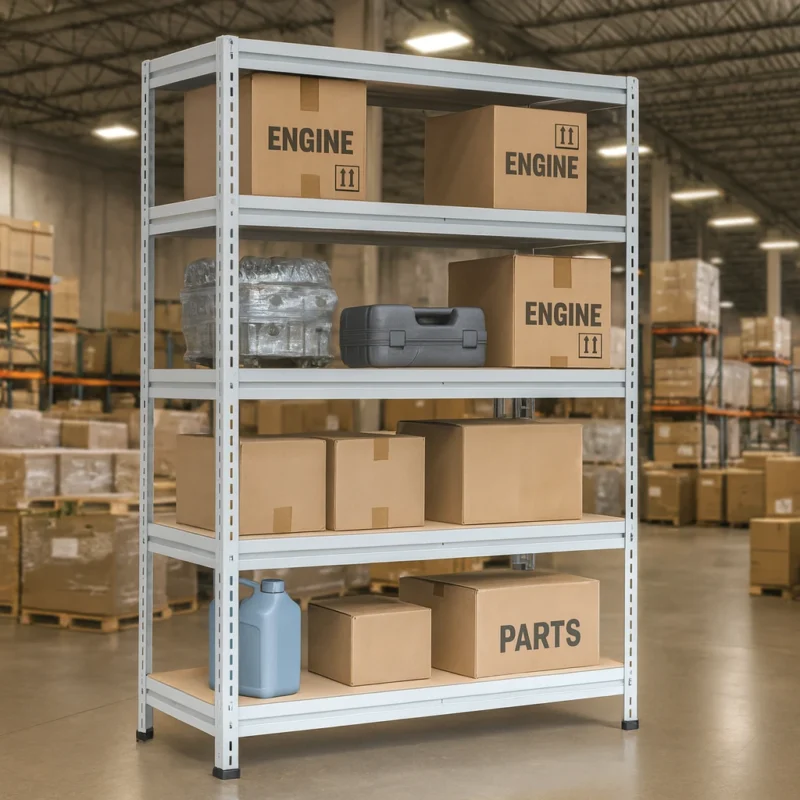 Высокотоннажный металлический стеллаж для промышленного склада, загруженный коробками, автозапчастями и тарой
