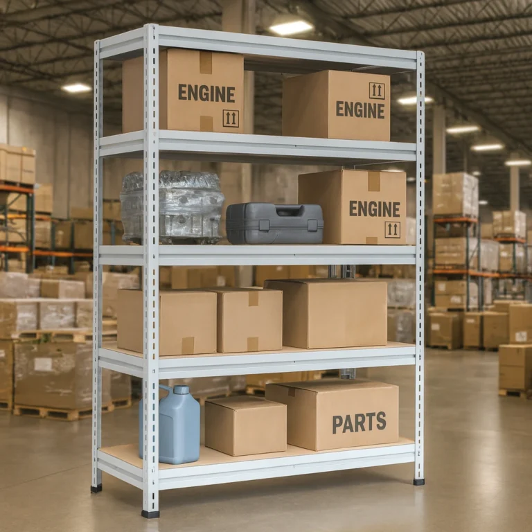 Высокотоннажный металлический стеллаж для промышленного склада, загруженный коробками, комплектующими и технической тарой