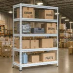 Высокотоннажный металлический стеллаж промышленного назначения, загруженный коробками, комплектующими и технической тарой на складе