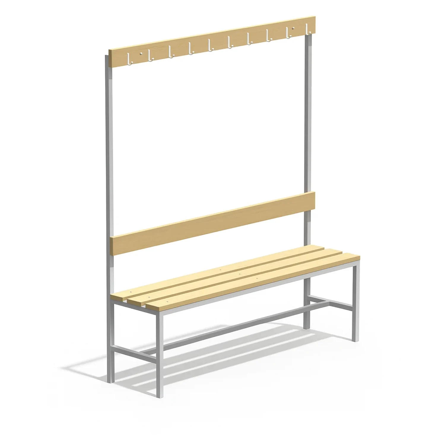 Гардеробная скамья с вешалкой из сосны на металлическом каркасе Скамья гардеробная с вешалкой из сосны — сиденье и спинка из дерева, каркас металлический