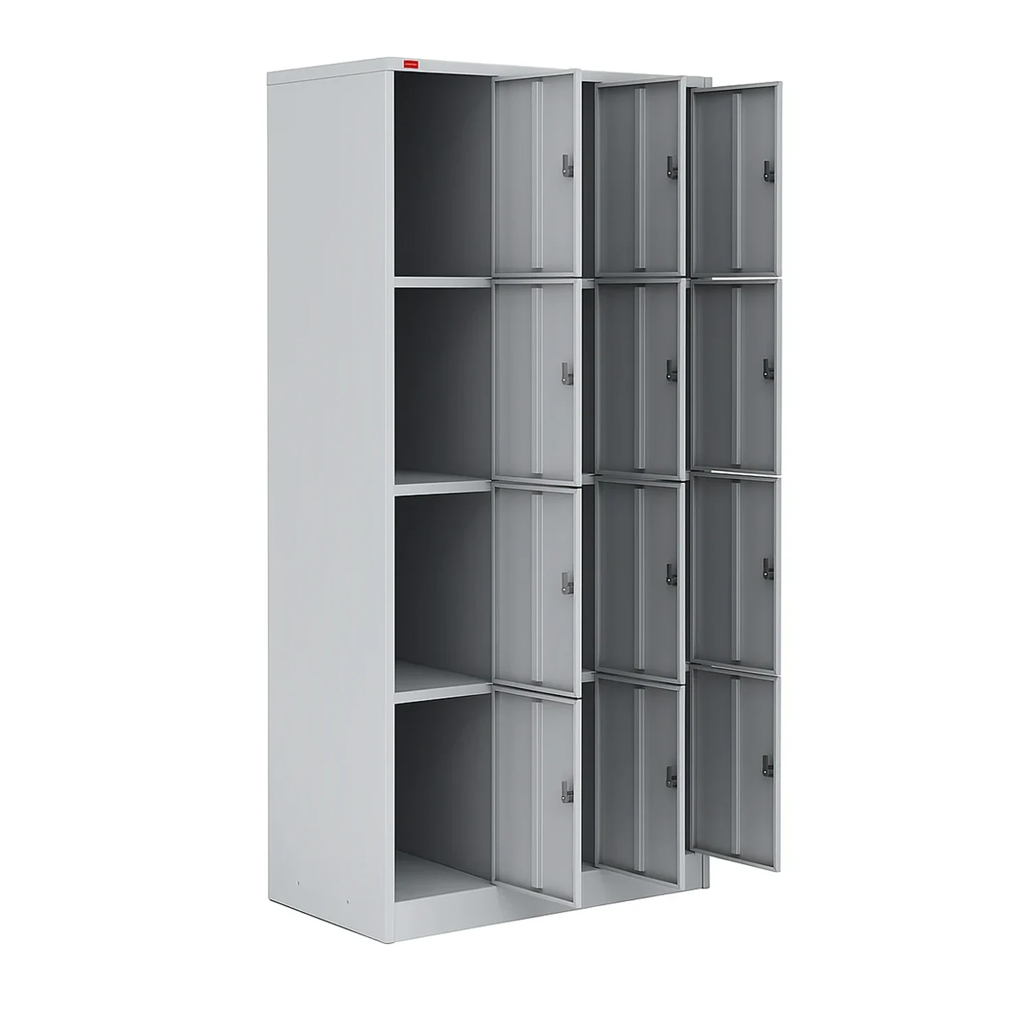 Металлический шкаф ШРМ-312 — открытый трёхсекционный шкаф для хранения сумок на 12 ячееек Трёхсекционный металлический шкаф для сумок ШРМ-312 — открытый вид, 12 отделений с замками