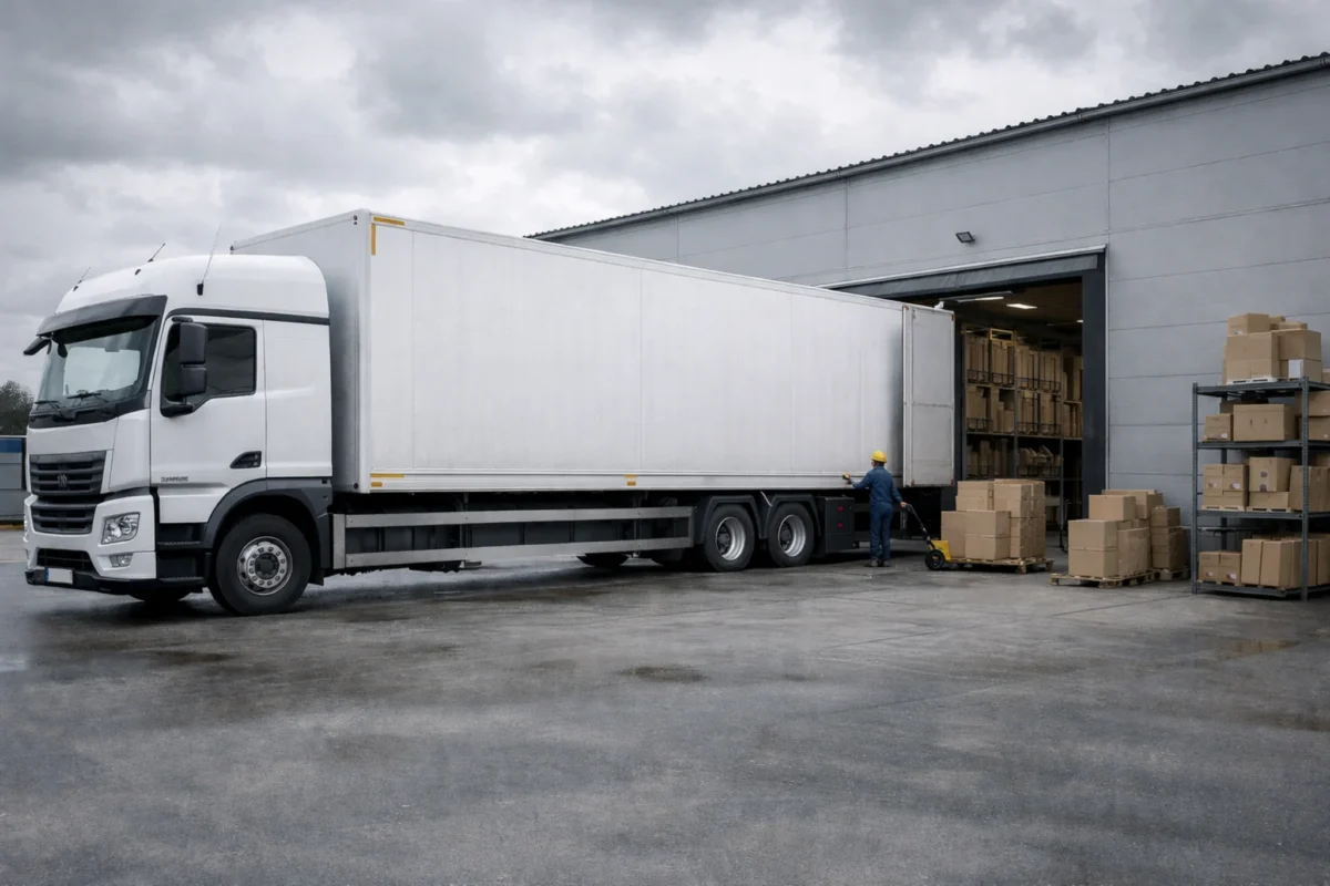 Поставка мебели и оборудования для организаций — фура на разгрузке у складского комплекса